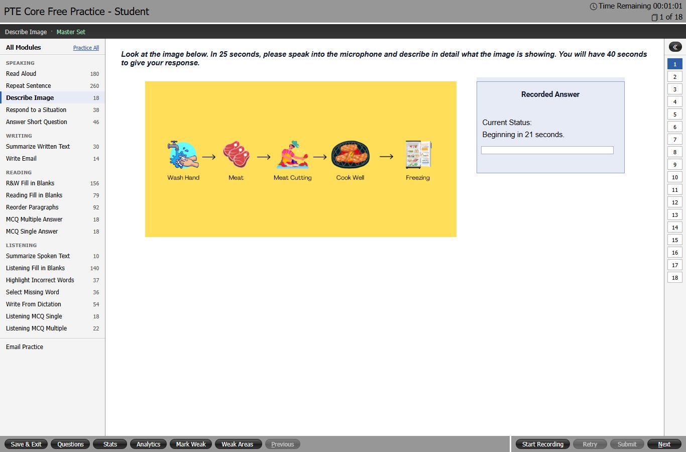 Describe Image practice screen showing a process diagram and the recorder