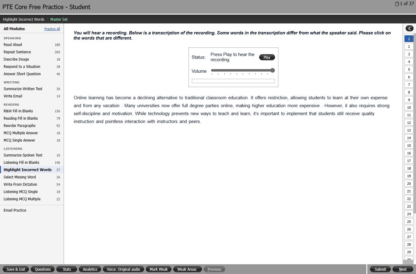 Highlight Incorrect Words practice screen with transcript and audio status