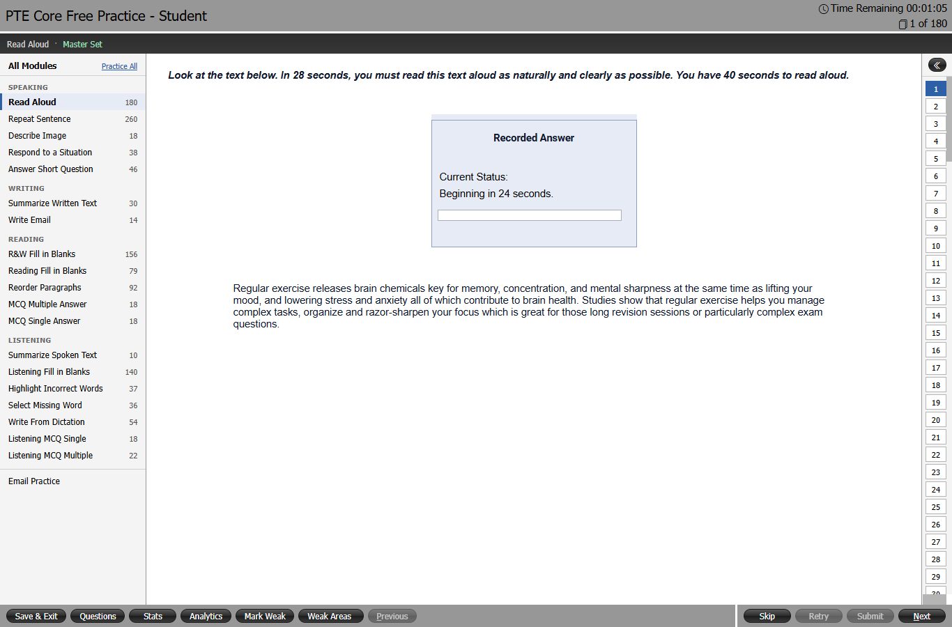 The real Read Aloud practice screen after sign-in: the instruction line, the recording countdown, the passage, the question list and the full module menu with question counts
