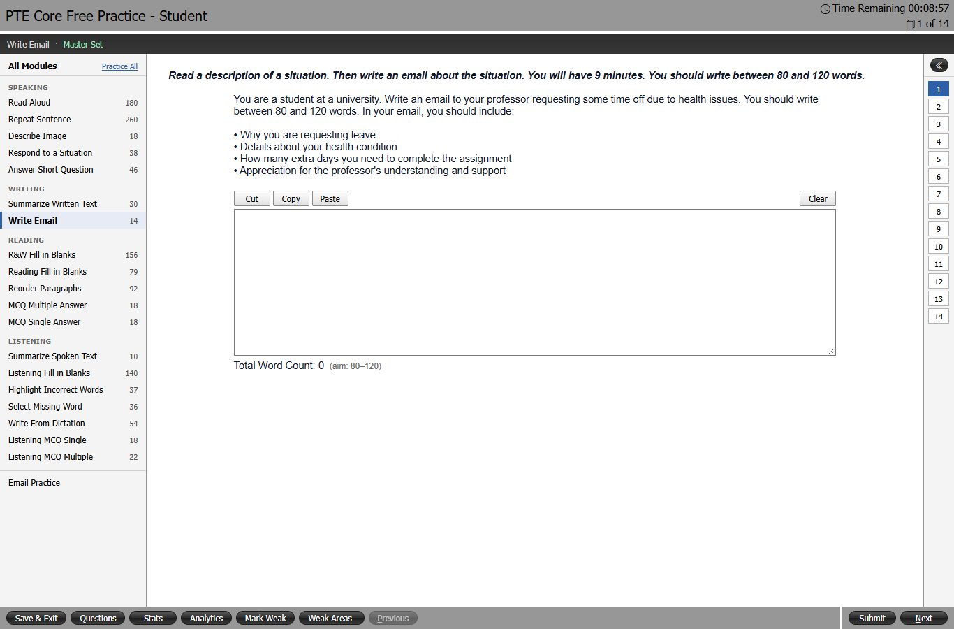 Write Email practice screen with prompt, text box and word counter