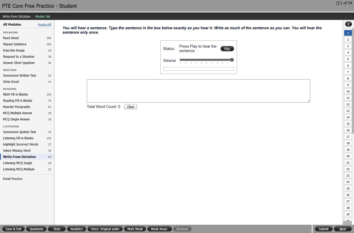 Write from Dictation practice screen